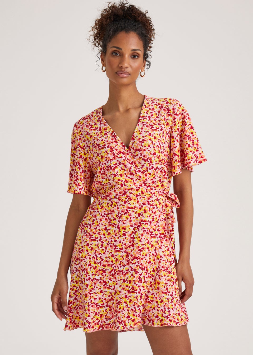Orange Ditsy Crinkle Jersey Wrap Mini Dress