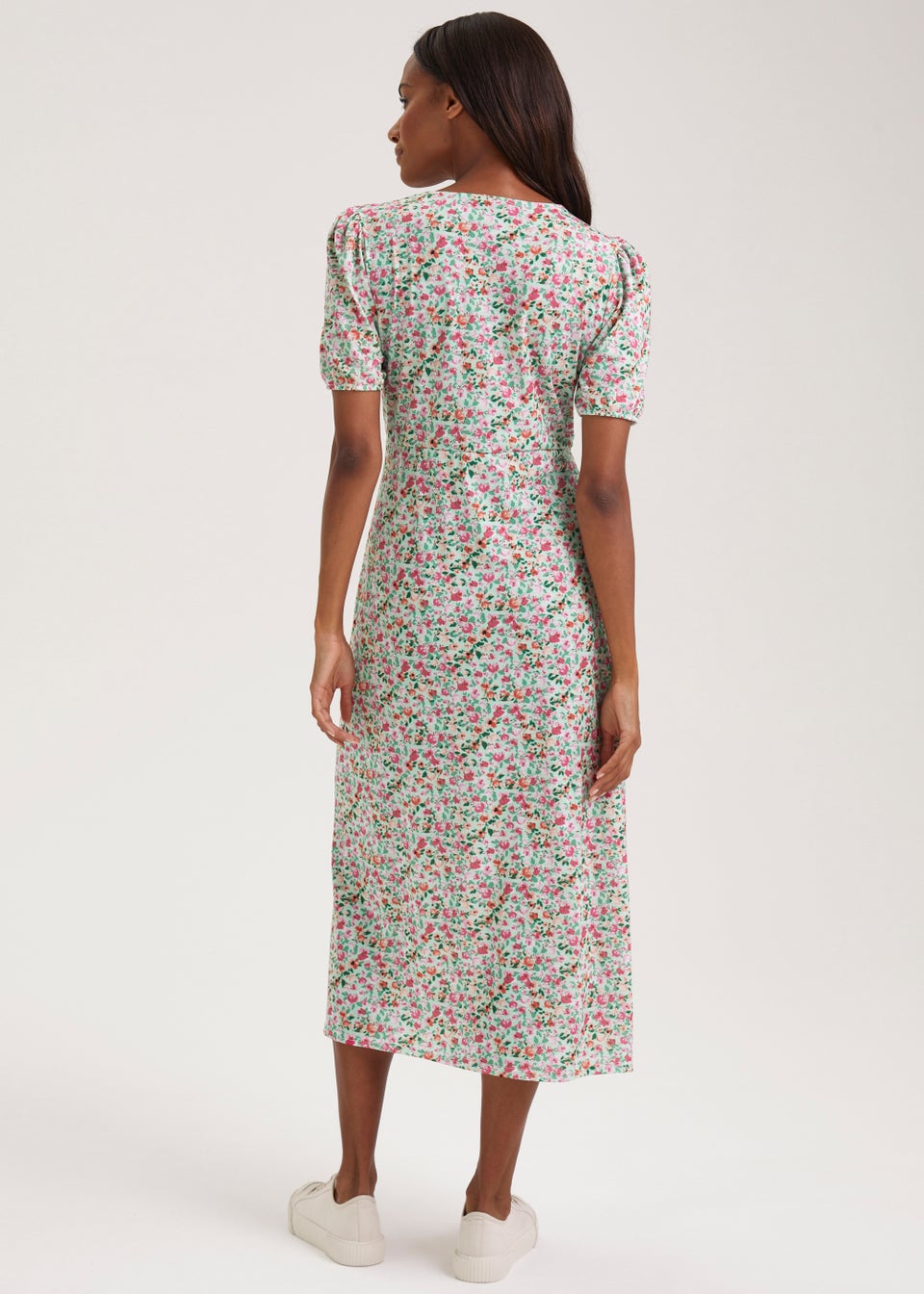Green Ditsy Print Short Sleeve Midi Dress