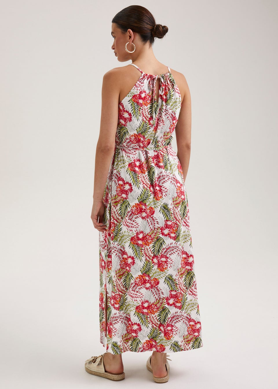 Red Tropical Leaf Print Halter Neck Midi Dress