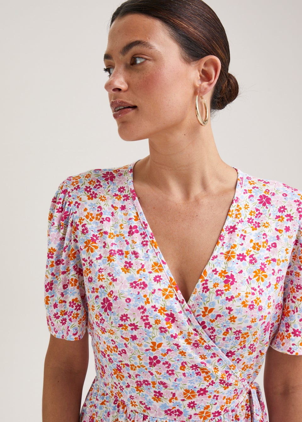 White Ditsy Floral Mini Wrap Dress