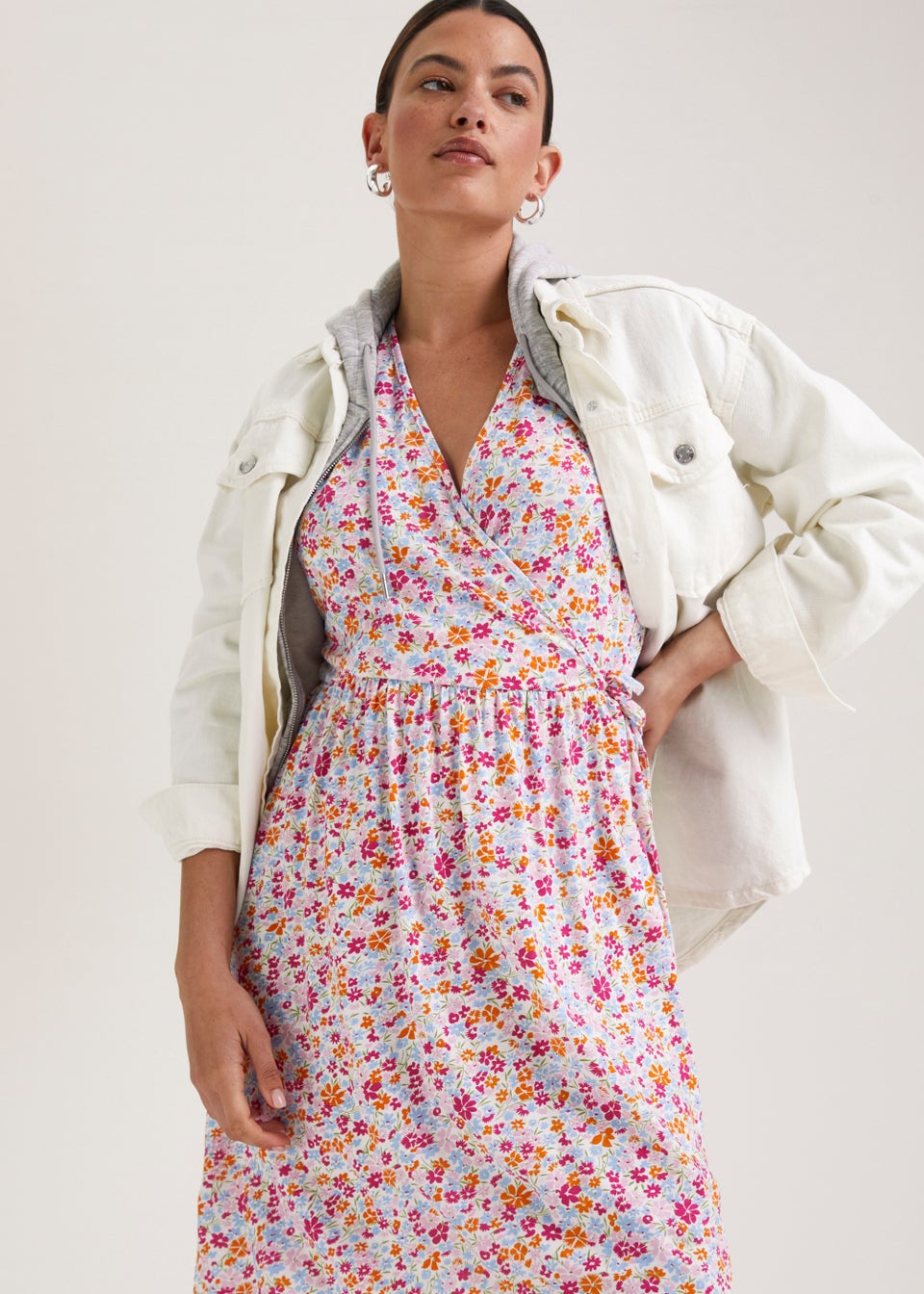 White Ditsy Floral Mini Wrap Dress