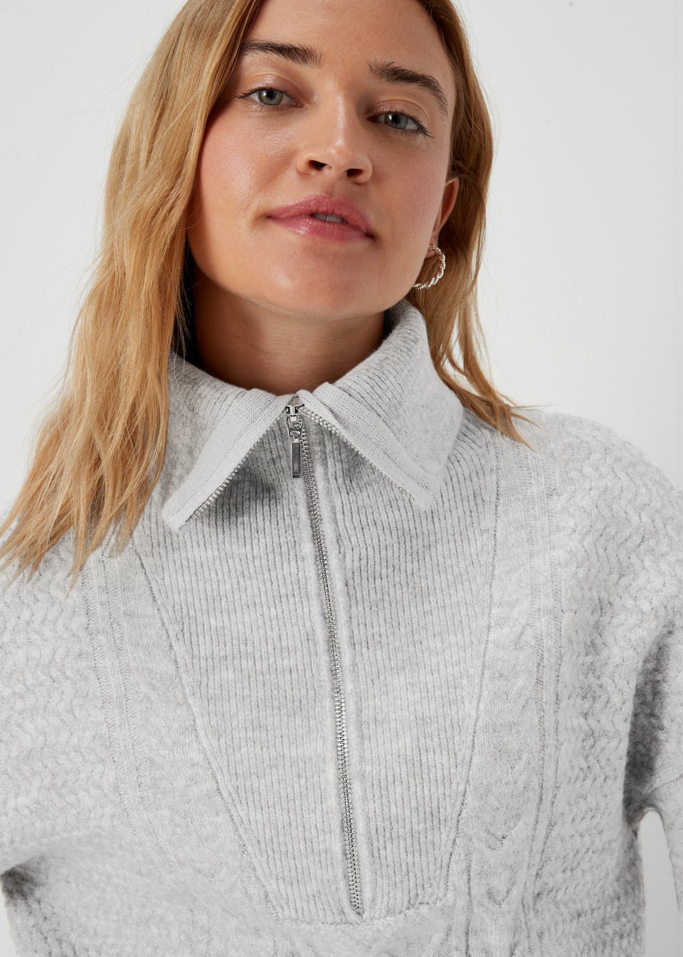 Grey Half Zip Cable Knit Jumper