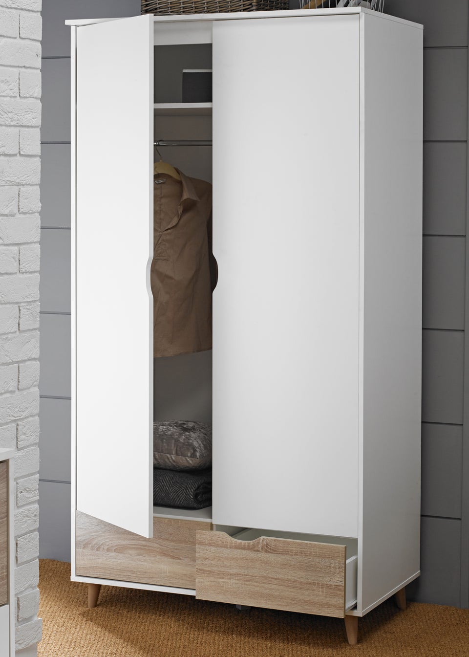 LPD Furniture Stockholm 2 Door Wardrobe White-Oak (1900x580x1000mm)