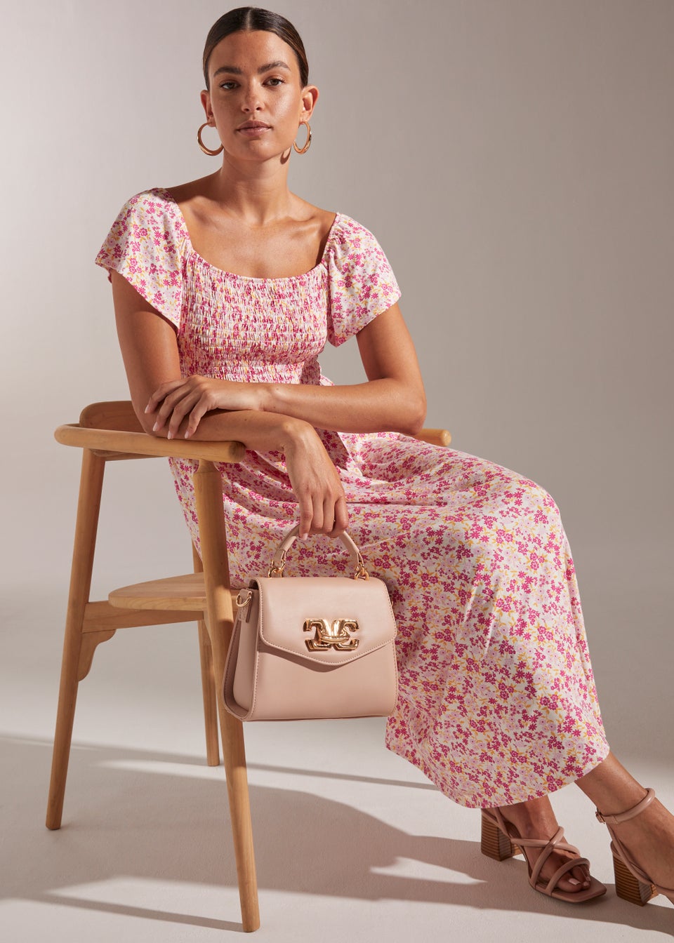 Pink Square Neck Floral Print Midi Dress