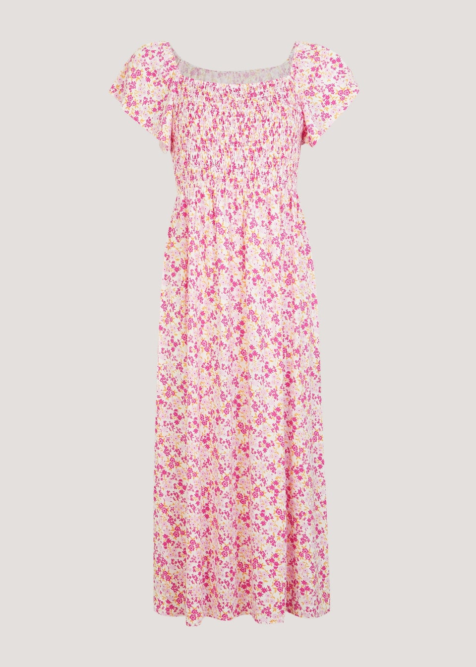 Pink Square Neck Floral Print Midi Dress