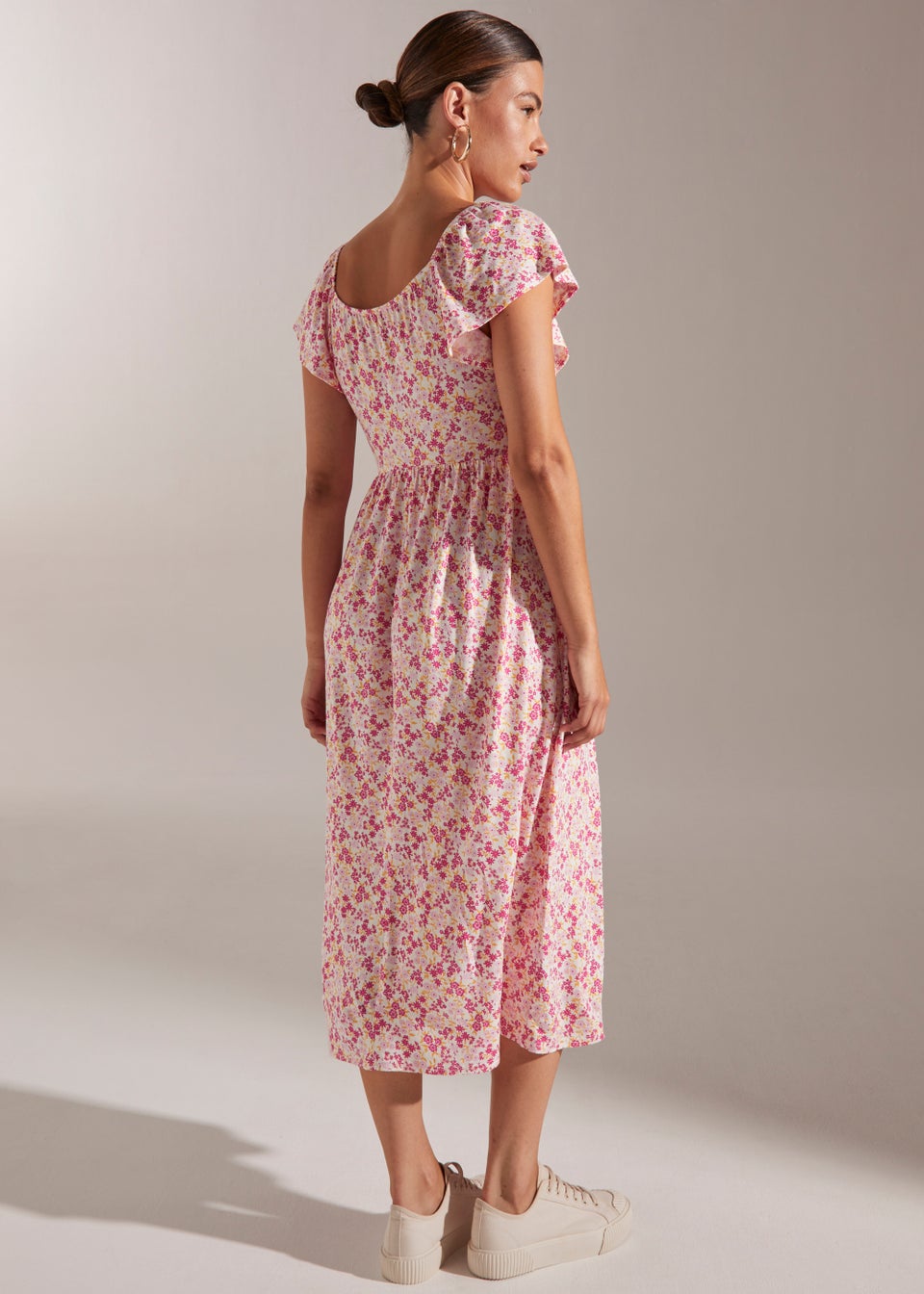 Pink Square Neck Floral Print Midi Dress