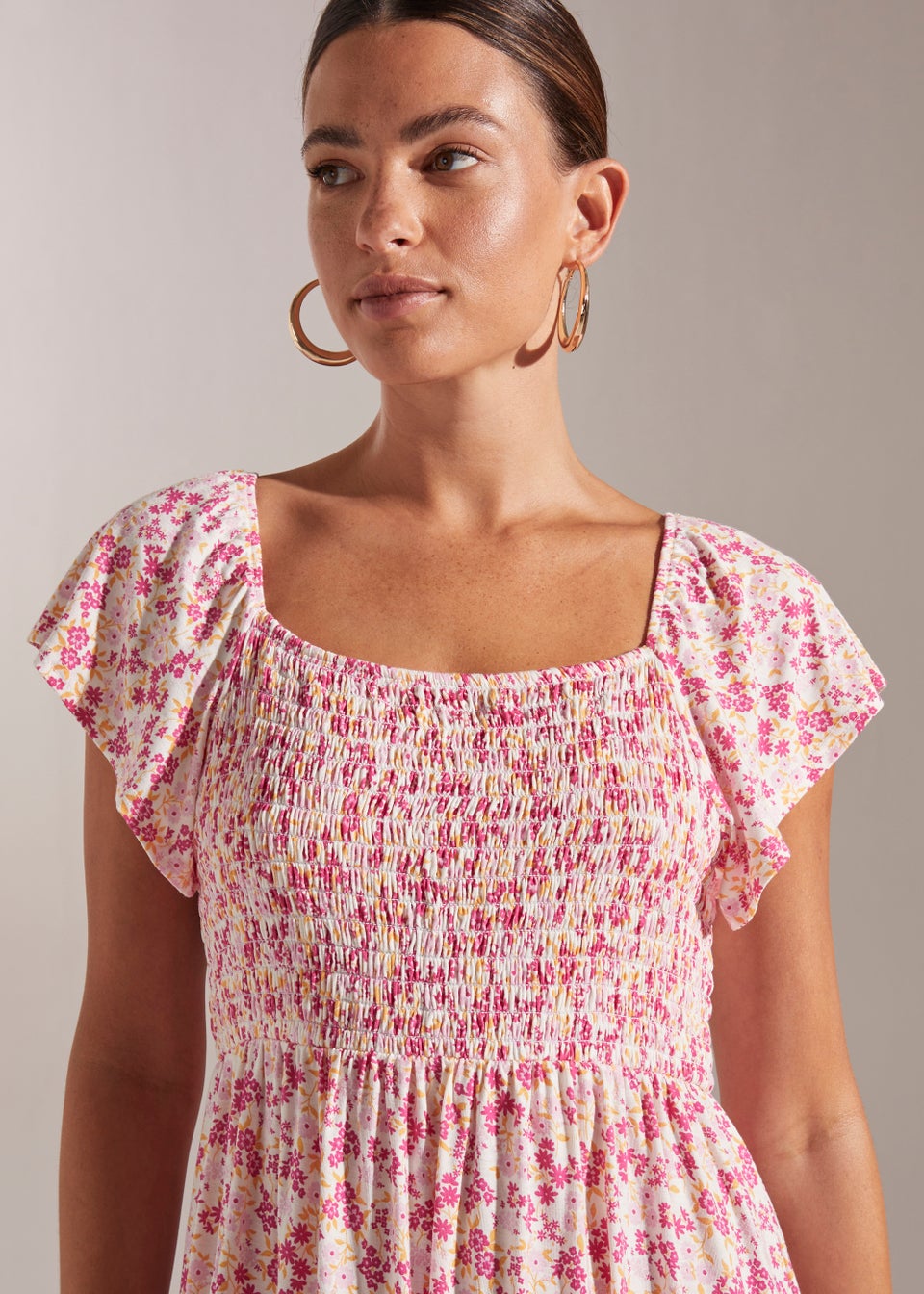 Pink Square Neck Floral Print Midi Dress