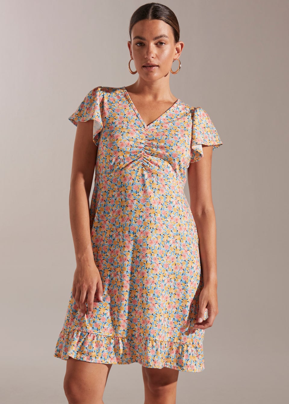 Multicoloured Ruched Angle Sleeve Midi Dress