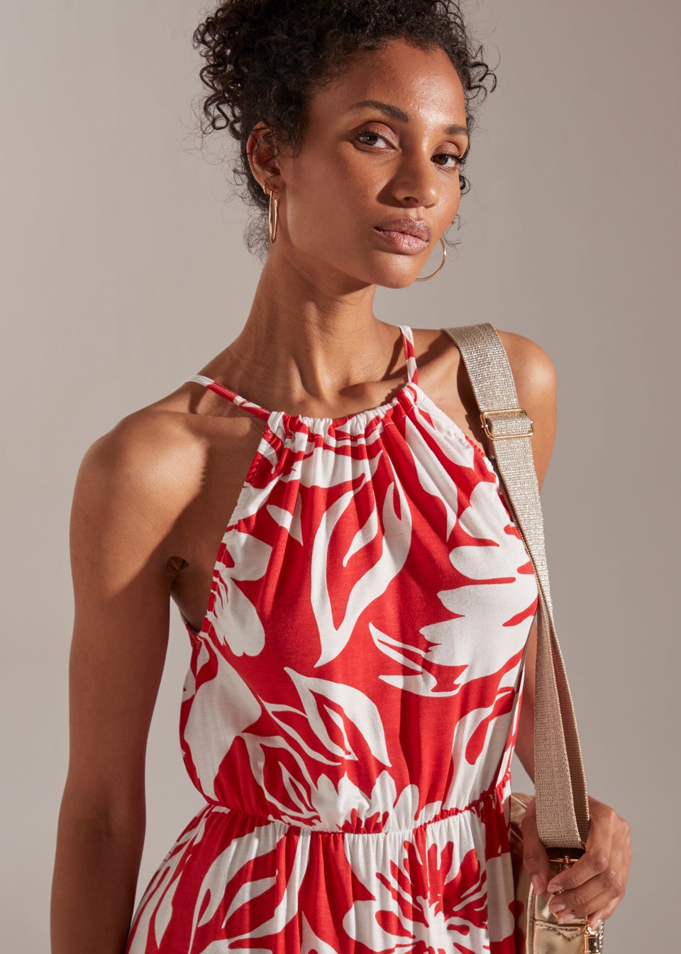 Red floral high neck dress clearance