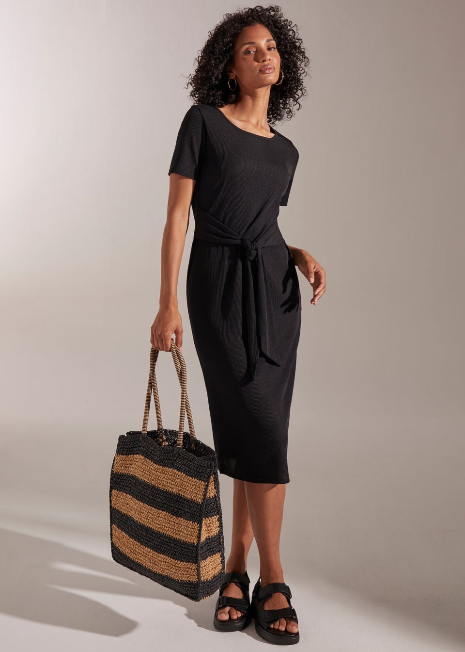 Black Tie Waist Ribbed Dress Matalan