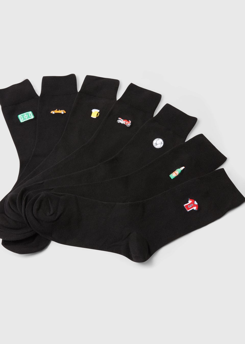 7 Pack Black Sports & Car Embroidery Socks