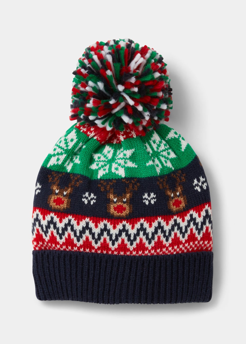 Boys Navy Reindeer Christmas Bobble Hat (3-10yrs)
