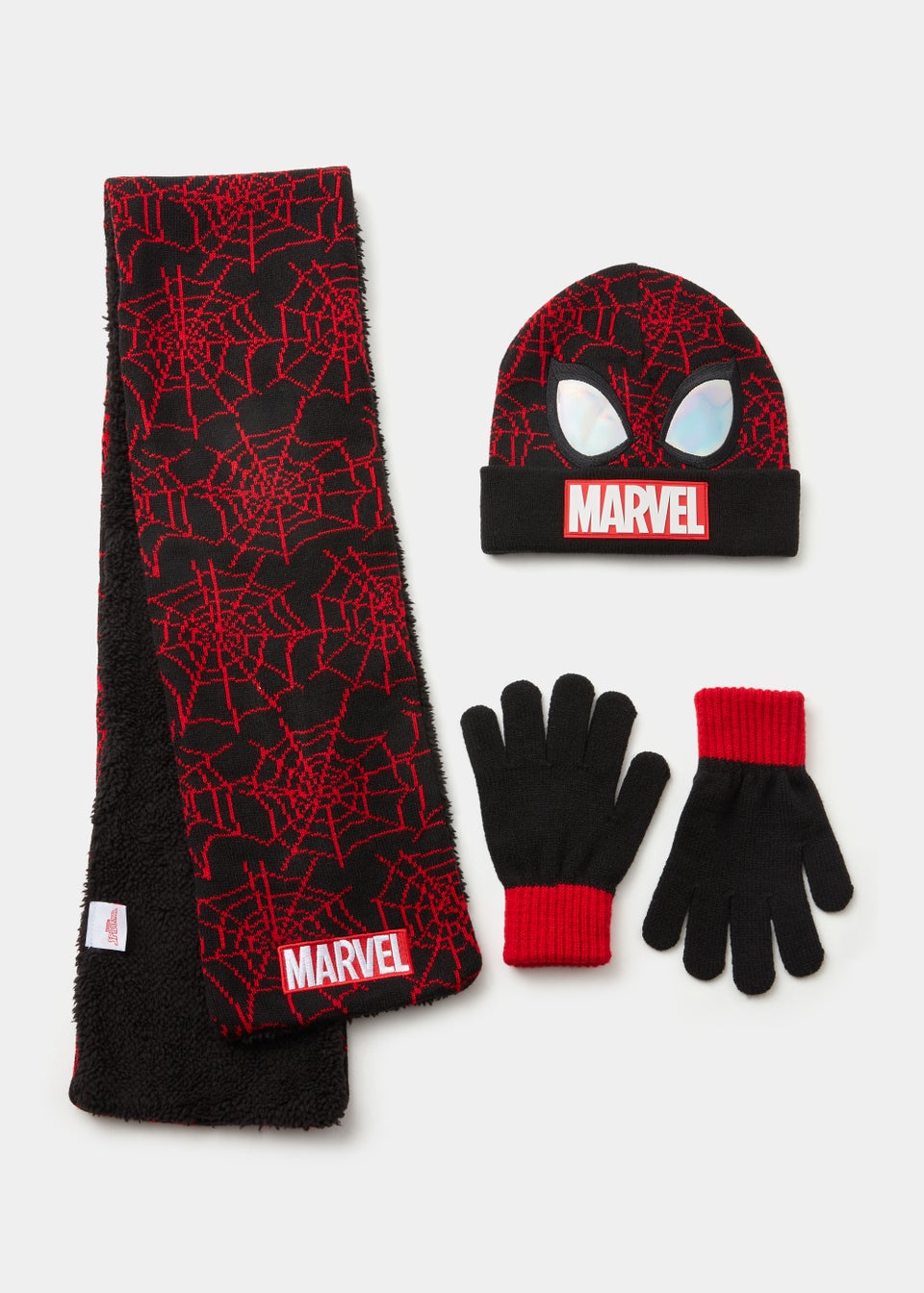 Kids Black Marvel Spider-Man Beanie Hat Scarf & Gloves Set (3-10yrs)