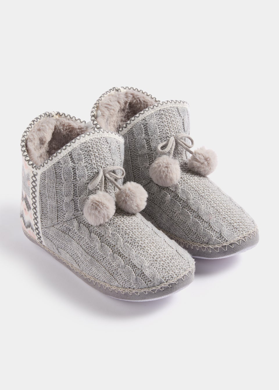 Grey Fair Isle Cable Knit Slipper Boots