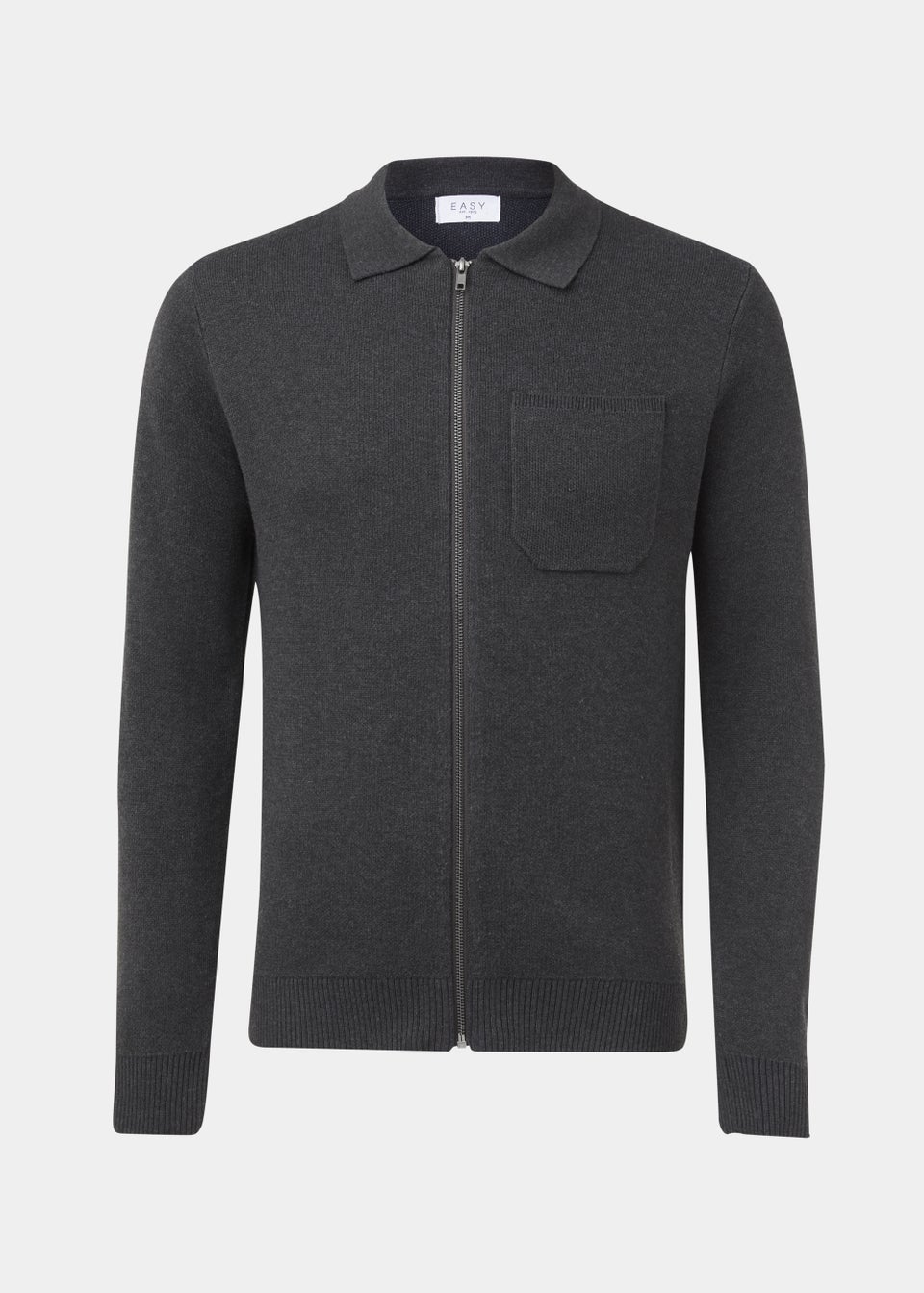 Grey Zip Up Shirt Collar Cardigan