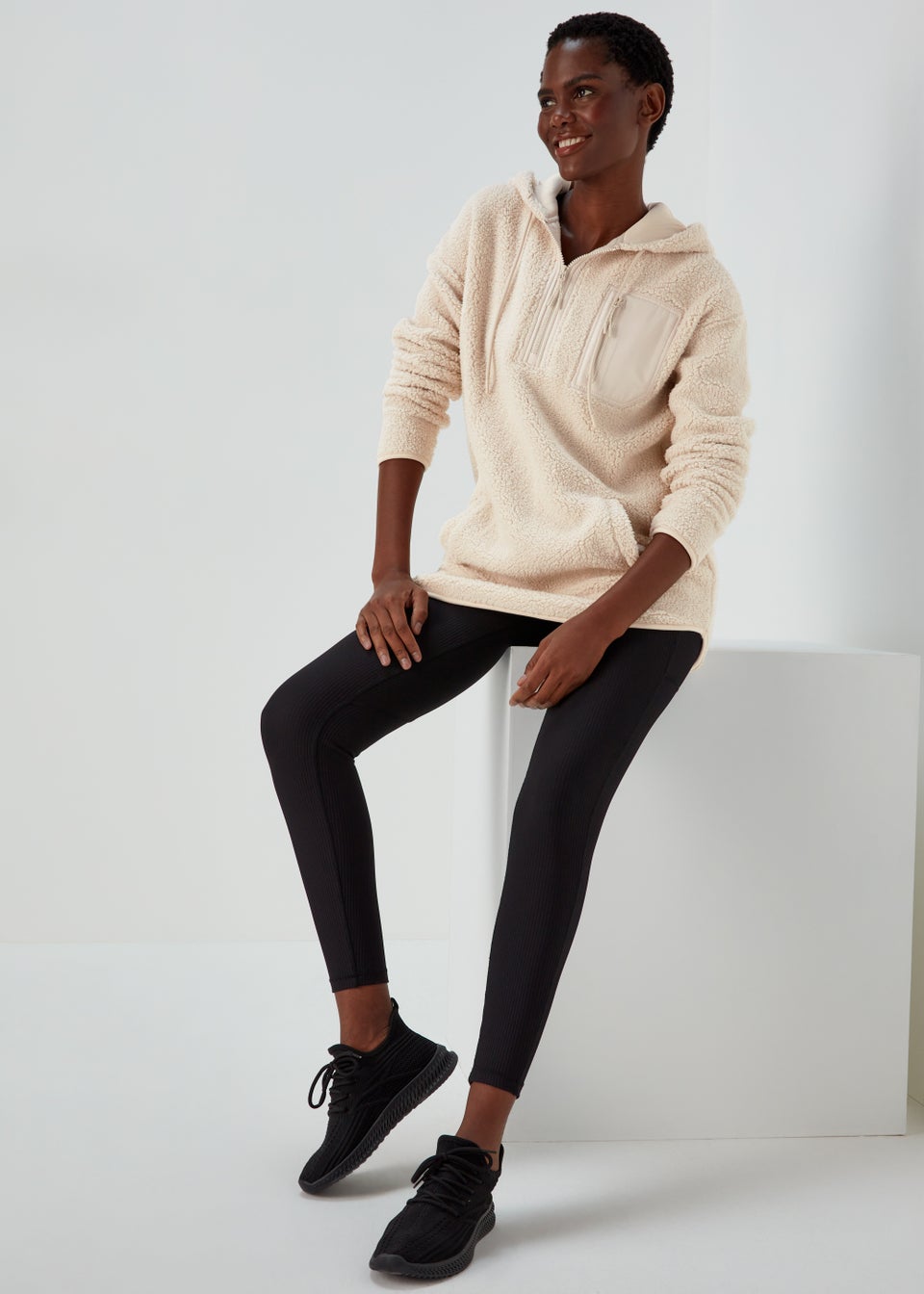 Souluxe Cream Longline Teddy Fleece Sports Hoodie