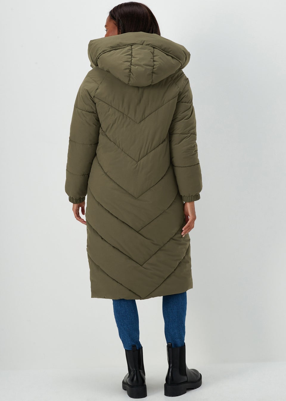 Khaki Longline Chevron Padded Shower-Resistant Coat