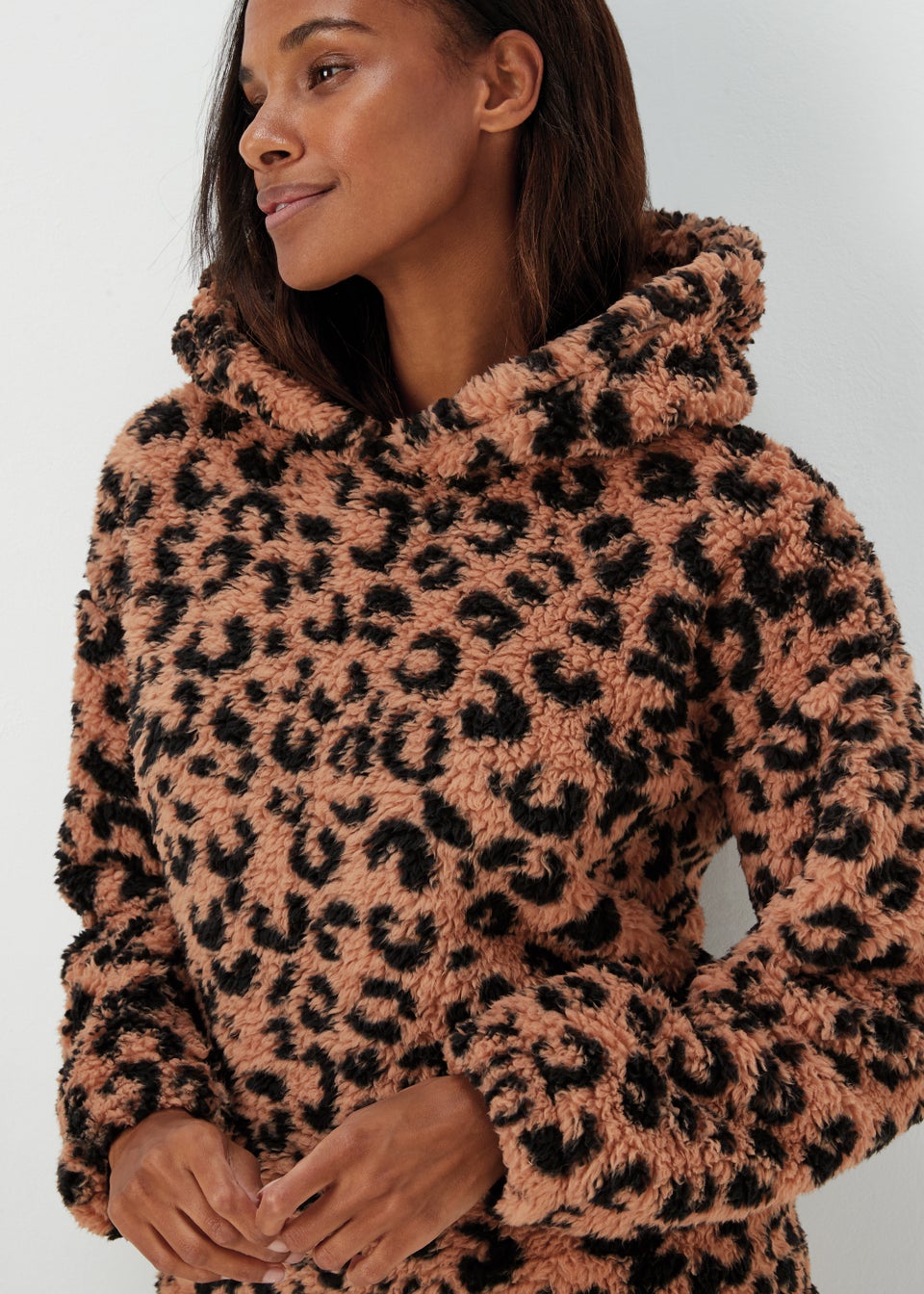 Leopard print borg zip up jacket top