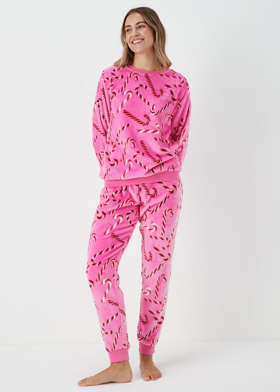 Pink Christmas Candy Cane Fleece Pyjama Set
