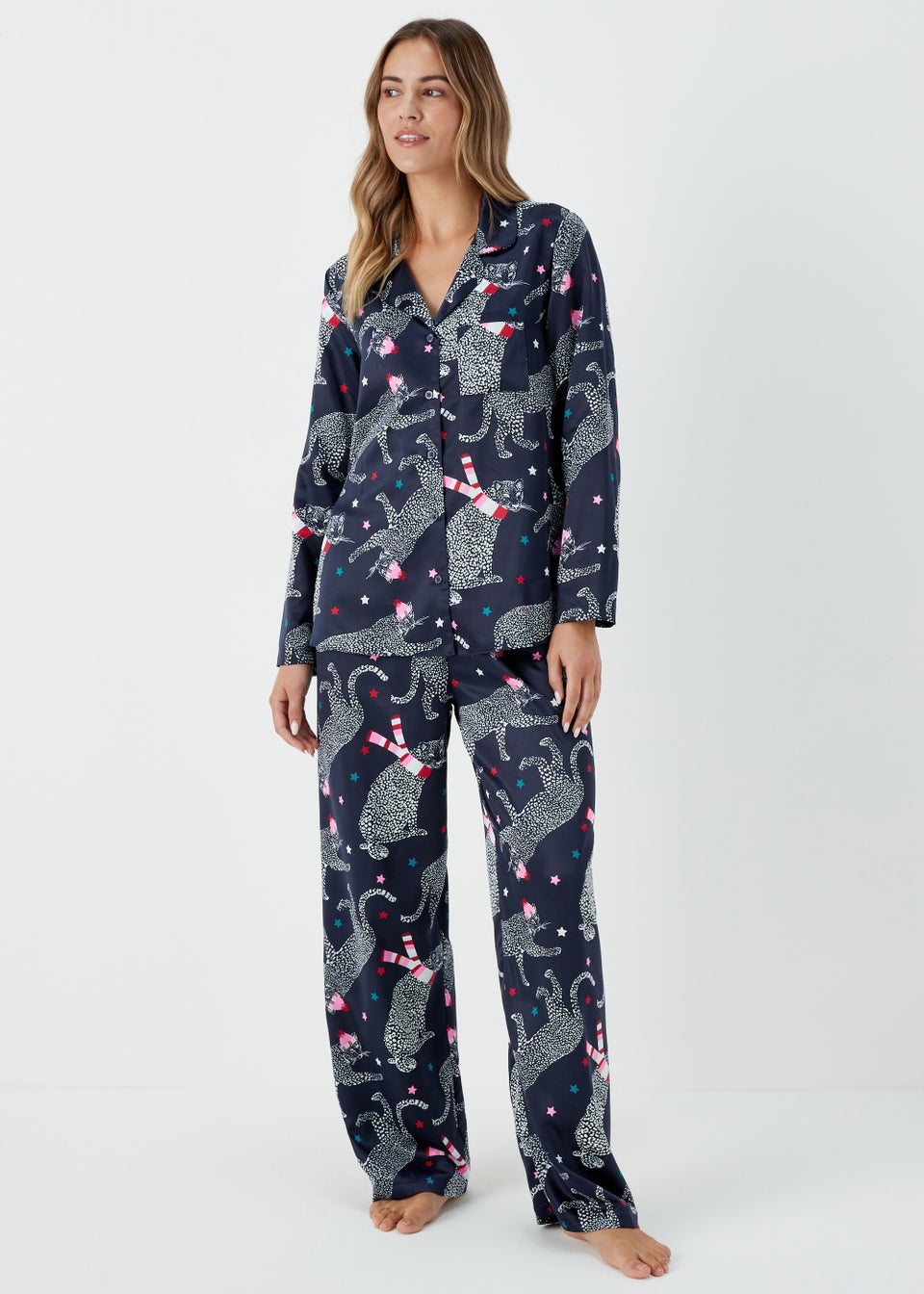 Navy Leopard Print Satin Pyjama Set