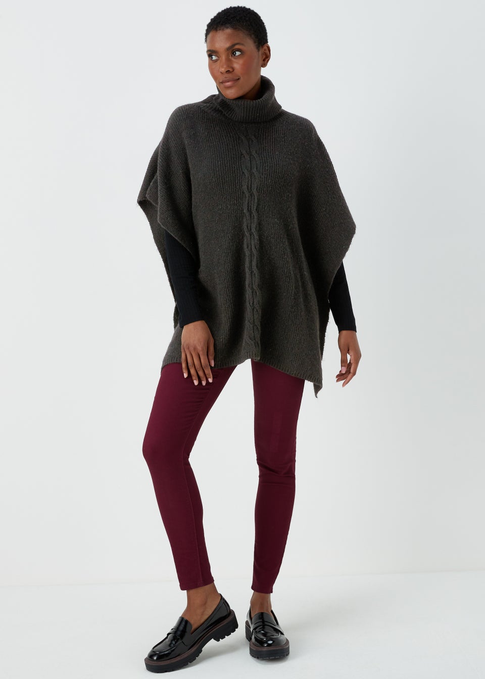 Black Cable Knit Roll Neck Poncho