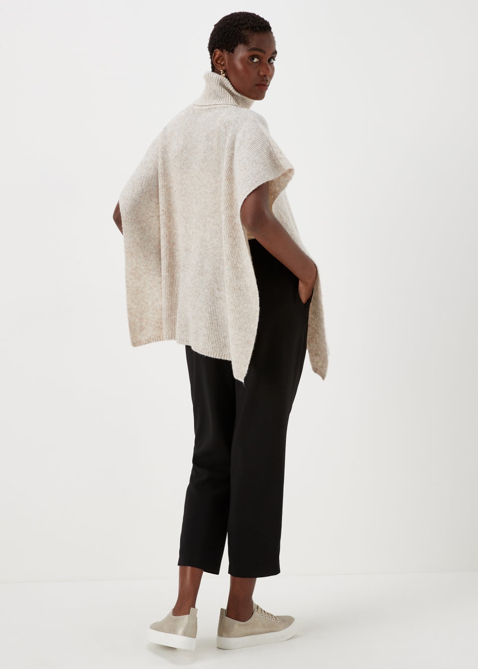 Oatmeal Cable Knit Roll Neck Poncho