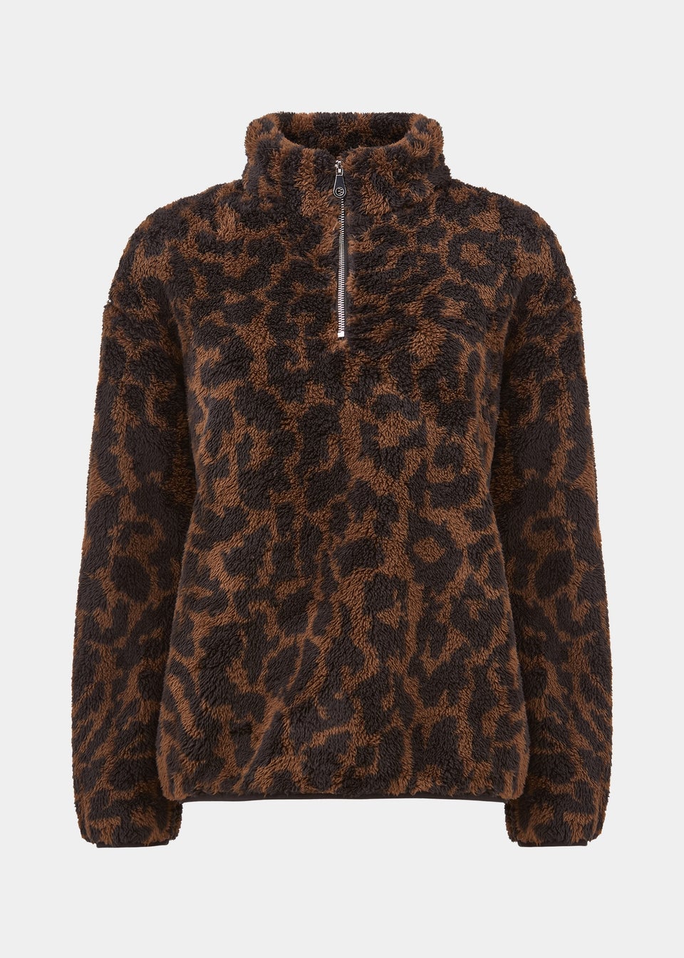 Brown Animal Print Half Zip Teddy Fleece