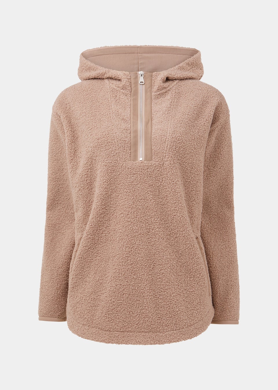 Beige Borg Half Zip Longline Hoodie