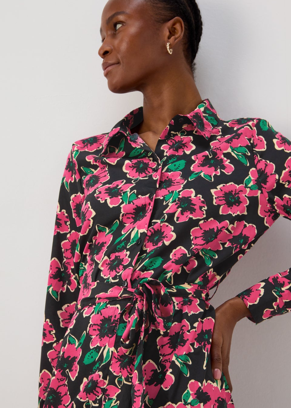 JDY Caine Pink Floral Midi Shirt Dress