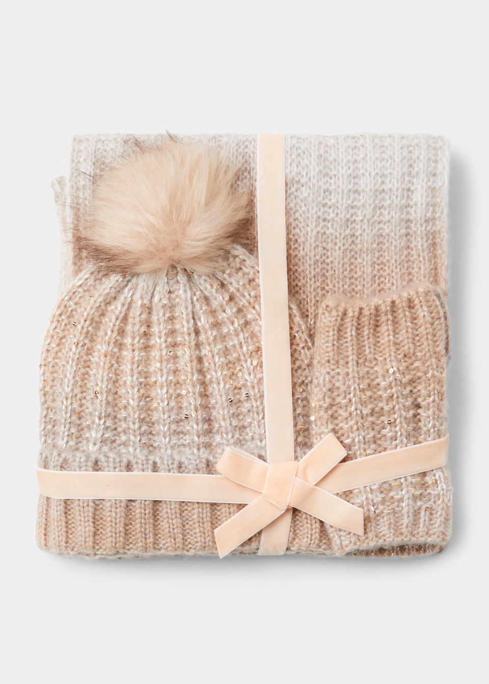 Pink Ombre Sparkle Bobble Hat Scarf & Fingerless Gloves Set - Matalan