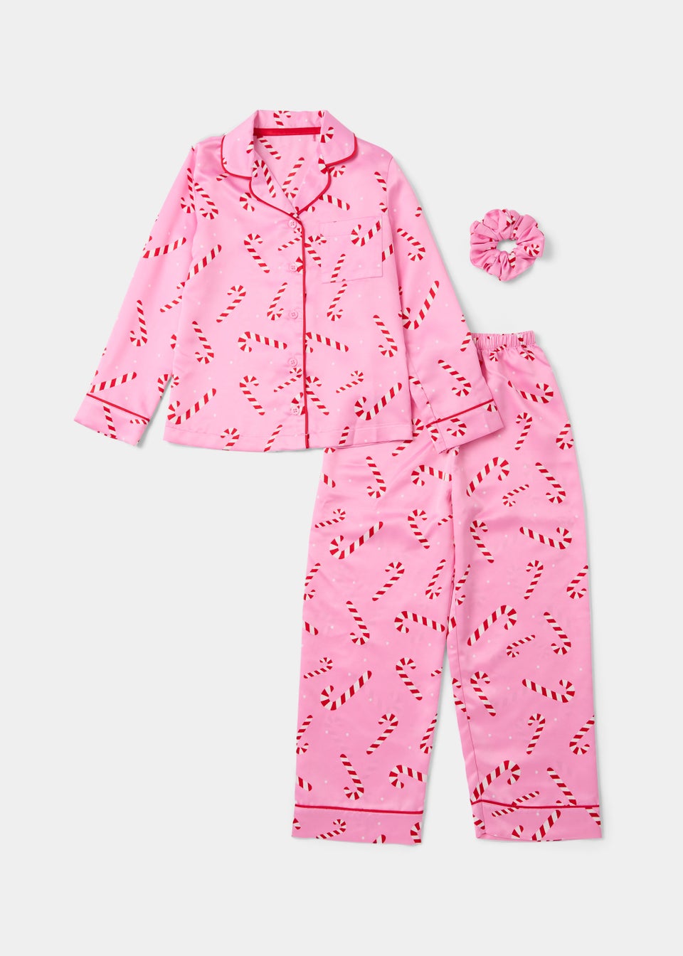 Girls Pink Christmas Candy Cane Satin Pyjama & Scrunchie Set (4-13yrs)