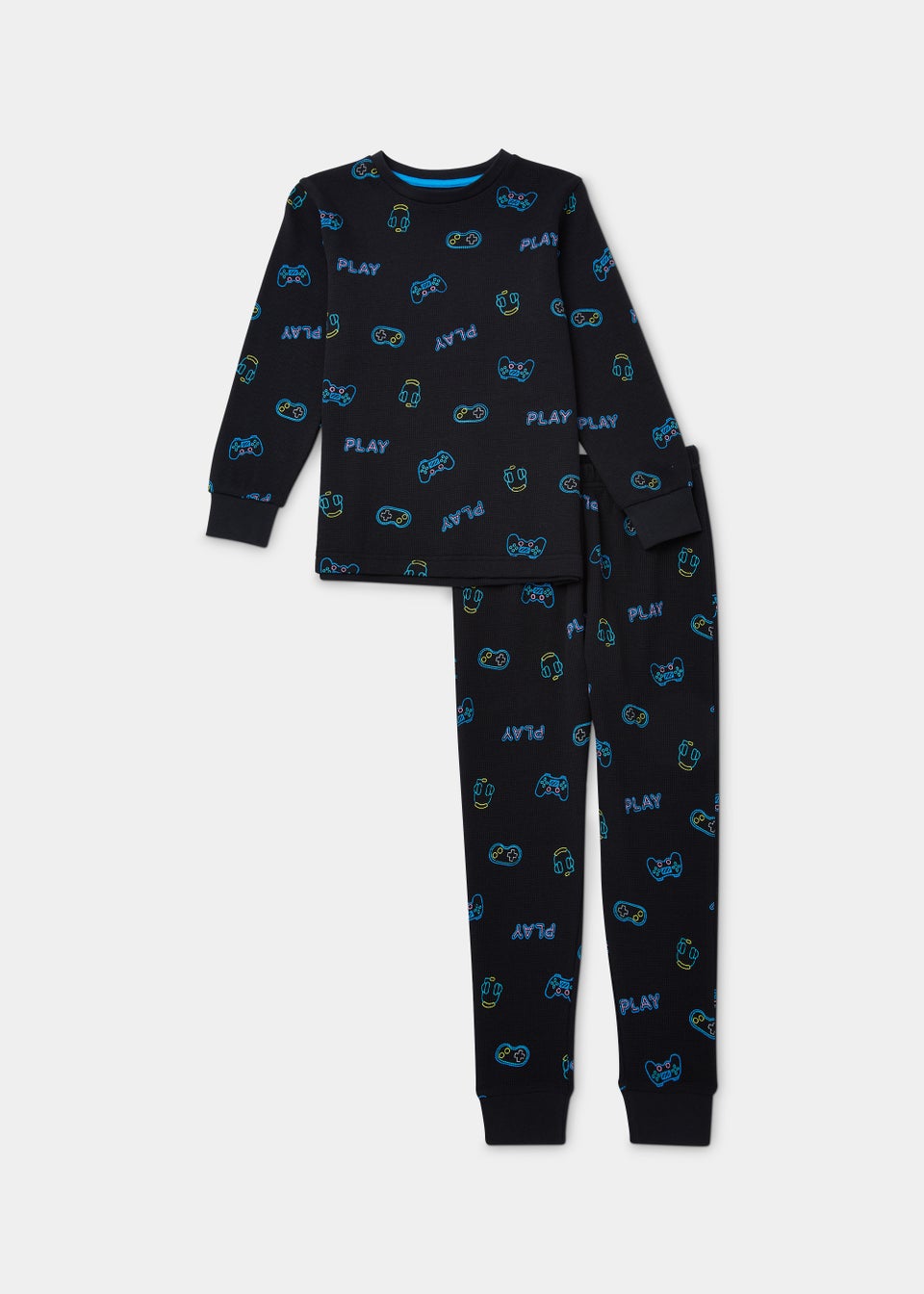 Boys Black Waffle Gaming Pyjama Set 4 13yrs