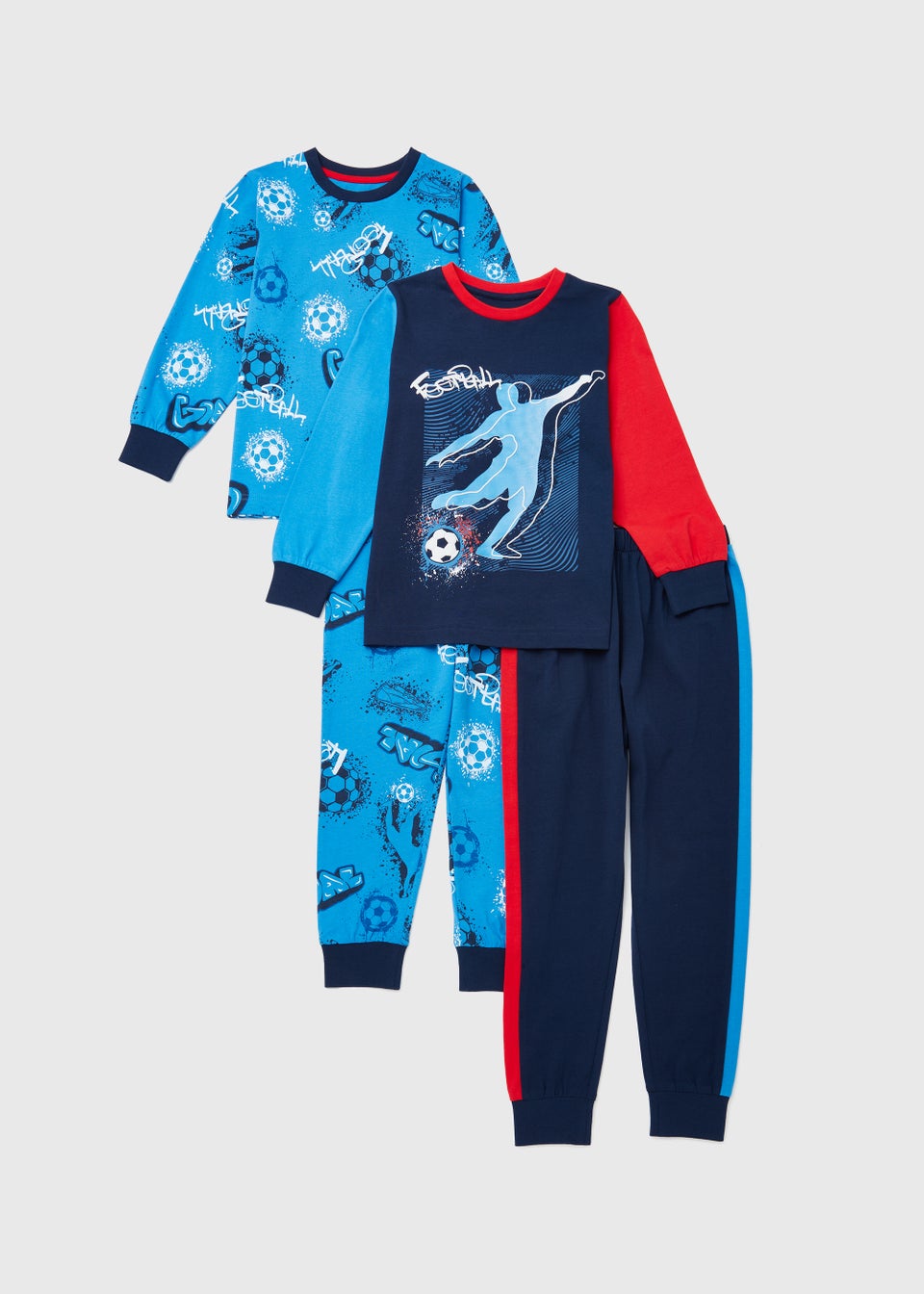 Boys 2 Pack Blue Football Long Sleeve Pyjama Sets (4-12yrs)