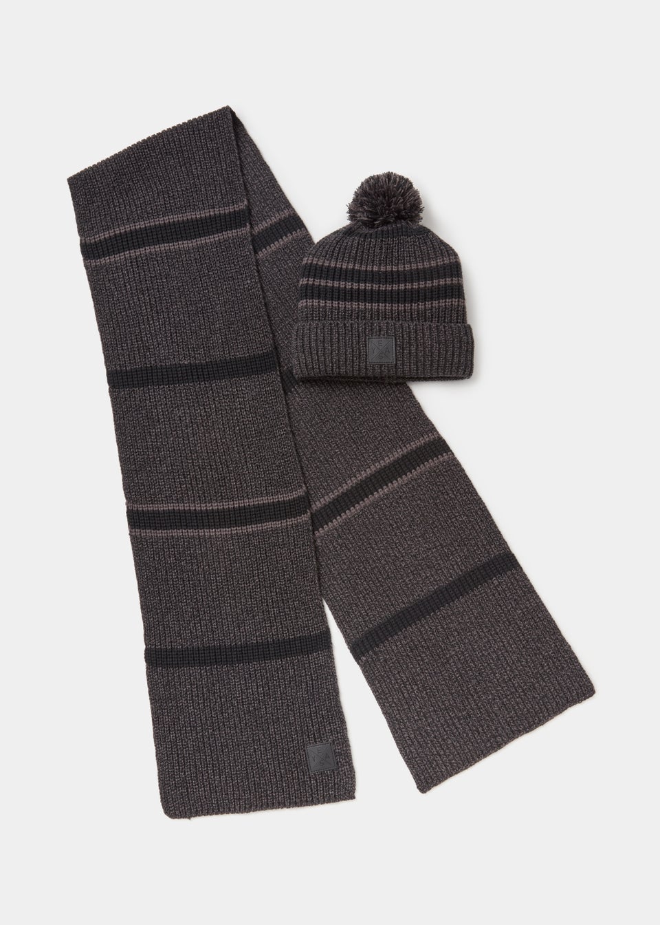 Black & Grey Stripe Bobble Hat & Scarf Gift Set
