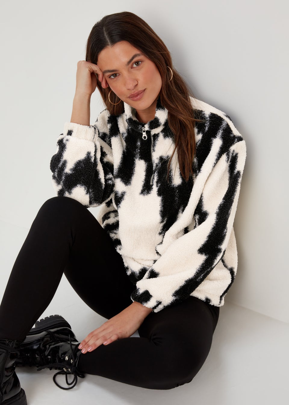 Monochrome Print Half Zip Borg Top