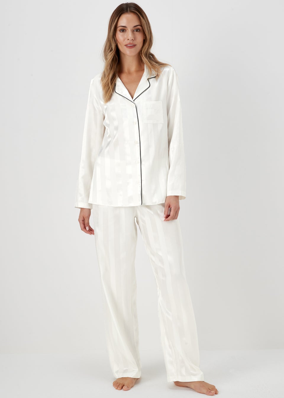 Cream Stripe Jacquard Satin Pyjama Set - Matalan