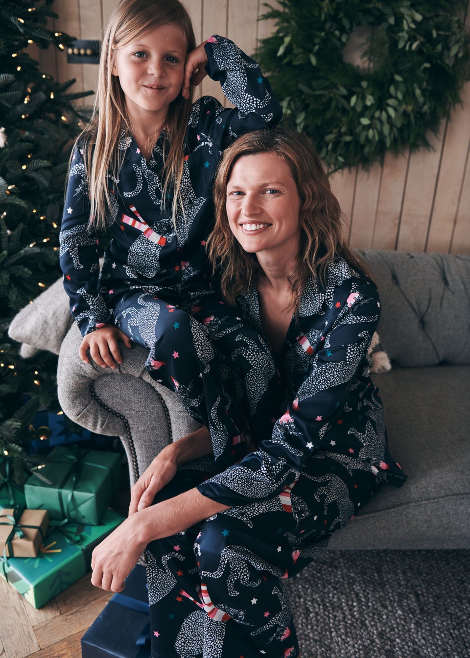 Kids Navy Oversized Leopard Satin Pyjama Set (4-13yrs)