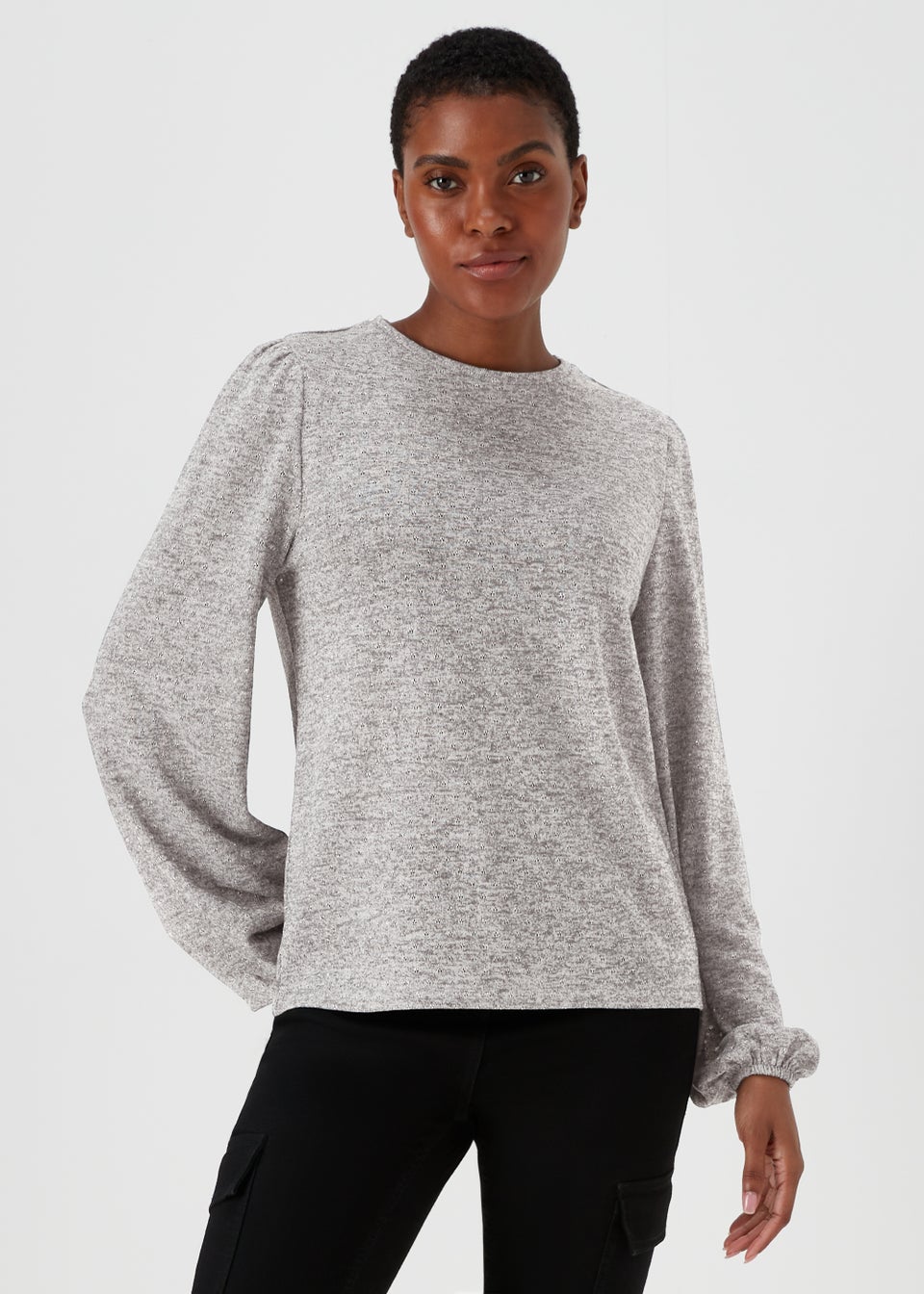 Grey Metallic Spot Crew Neck Top