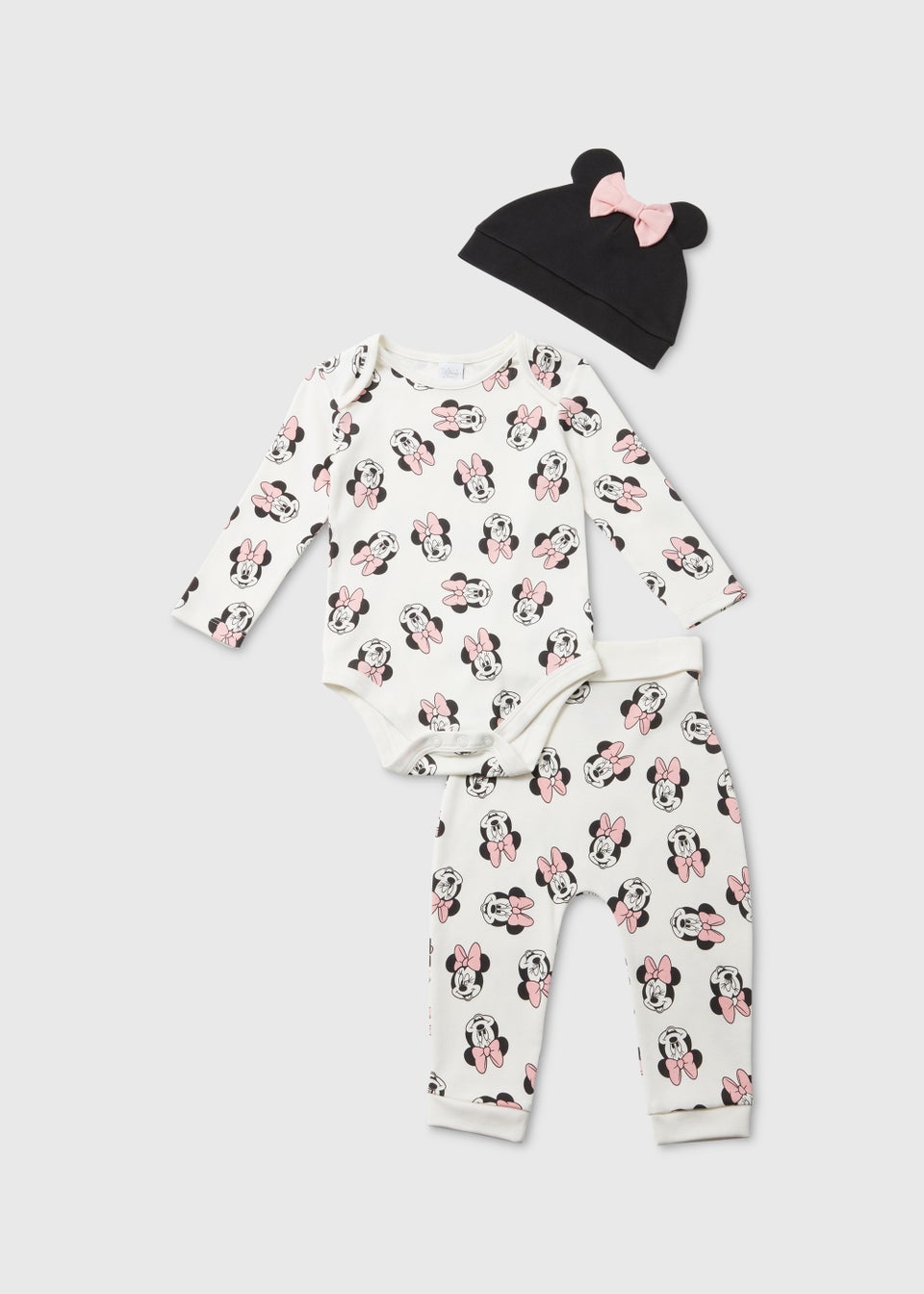 Baby 3 Piece Cream Minnie Mouse Print Bodysuit Leggings & Hat Set (Newborn-12mths)