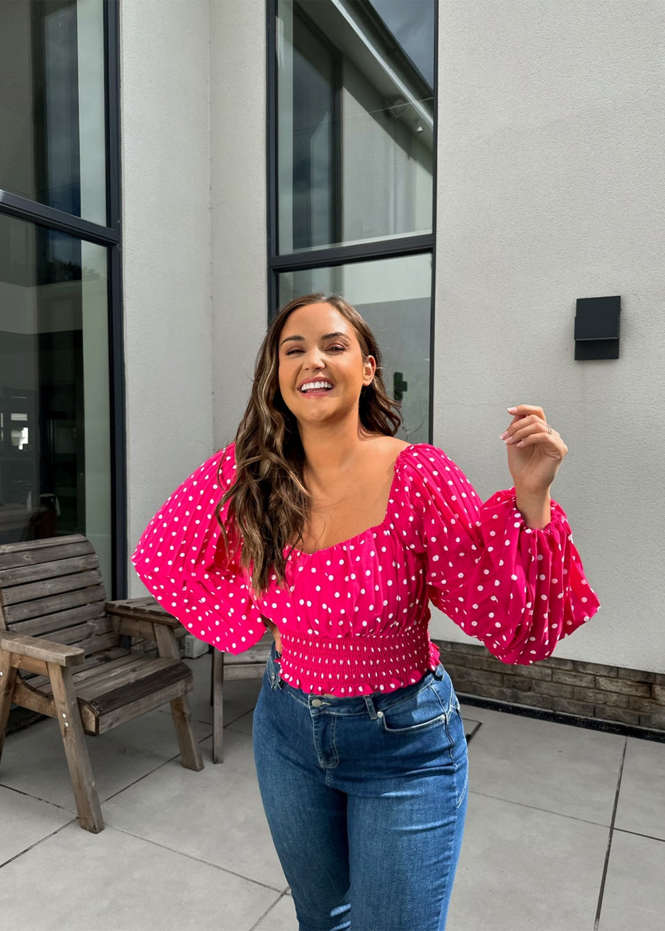 In the Style Jac Jossa Pink Polka Dot Shirred Top