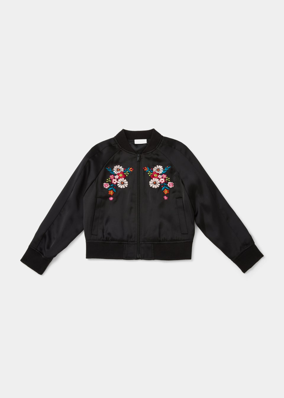 Girls Black Satin Floral Embroidered Bomber Jacket (4-13yrs)