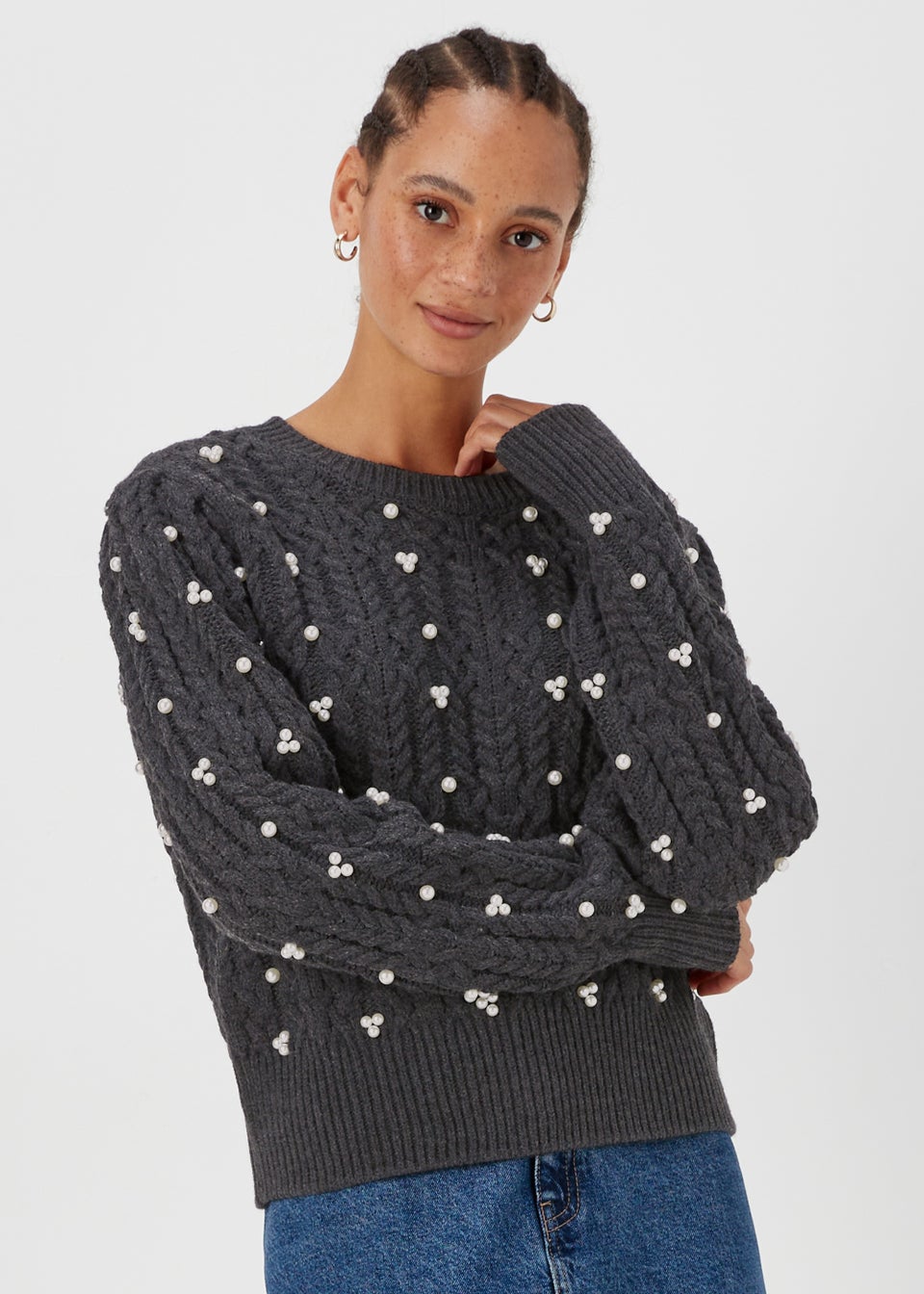 Grey Marl Jewel Cable Knit Jumper Matalan