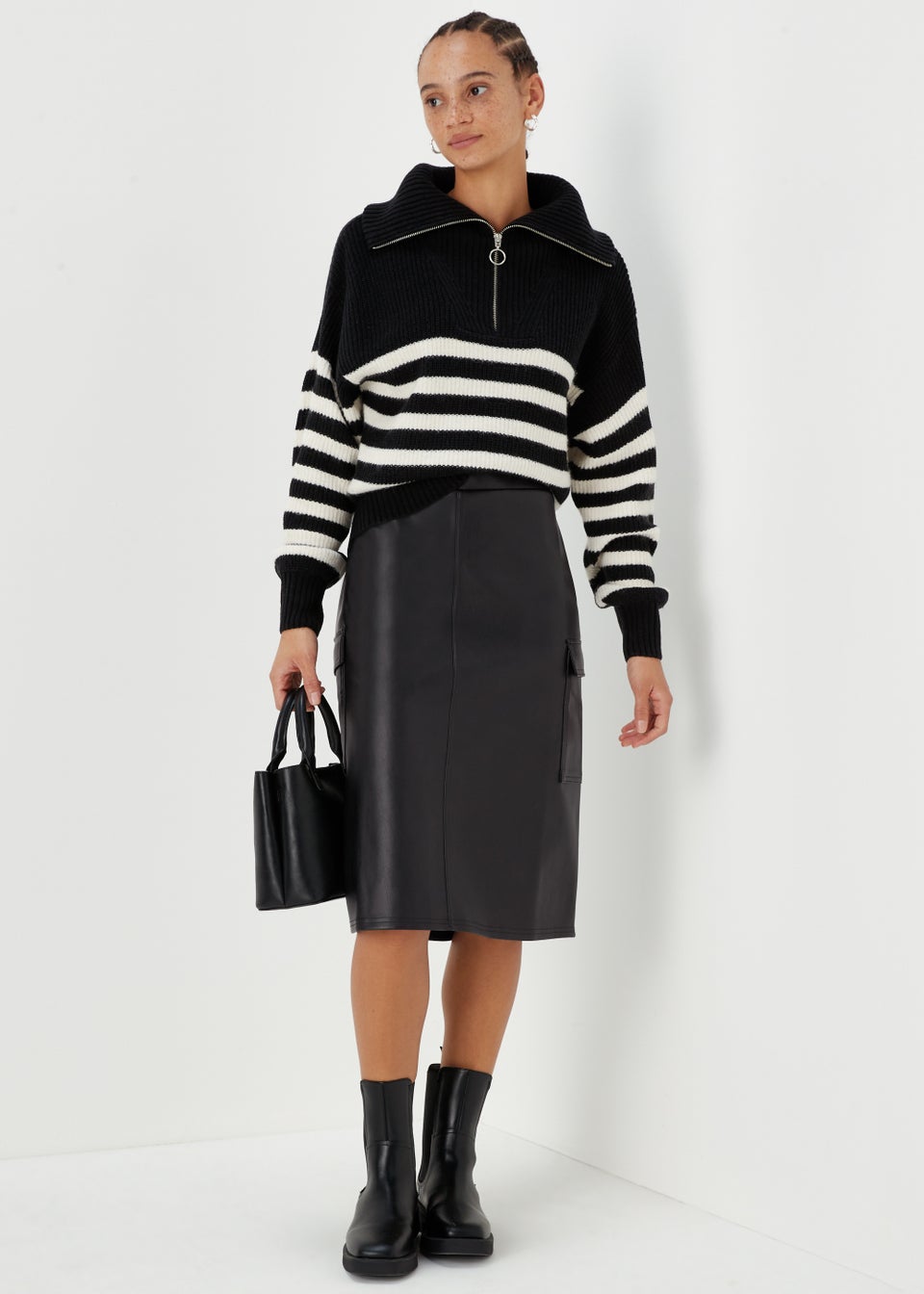 Black PU Cargo Midi Skirt