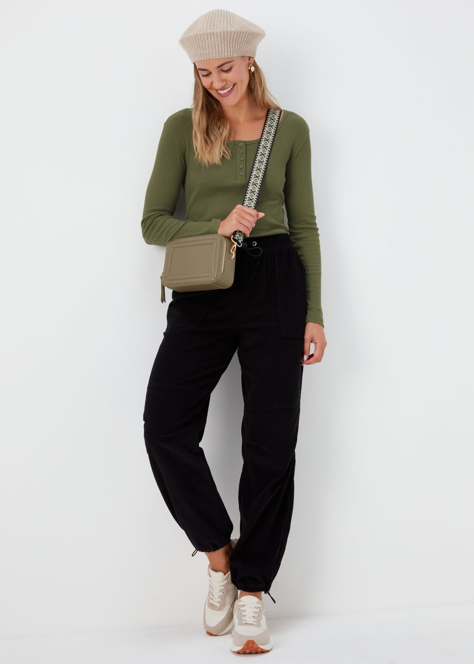 Khaki Henley Ribbed Long Sleeve Top