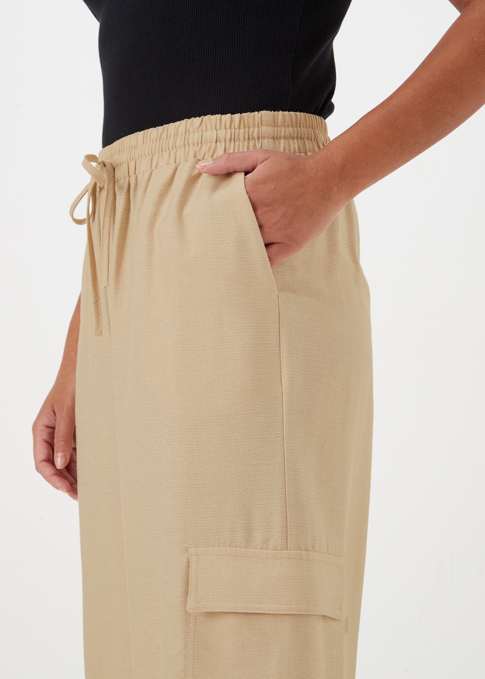 Stone Elasticated Waist Wide Leg Cargo Trousers