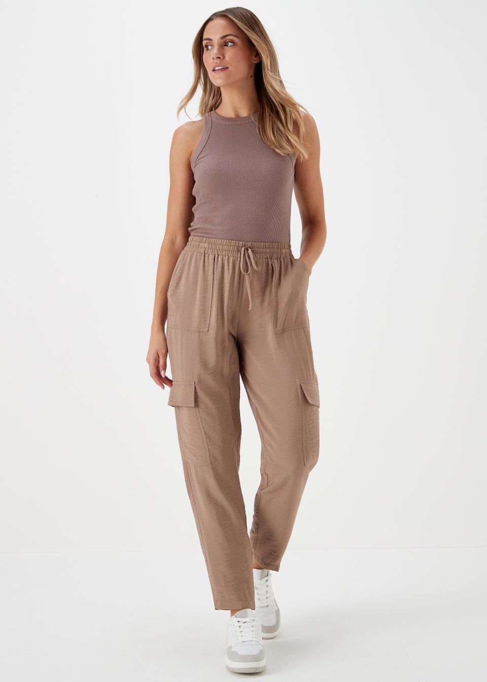 Beige Tapered Cargo Trousers