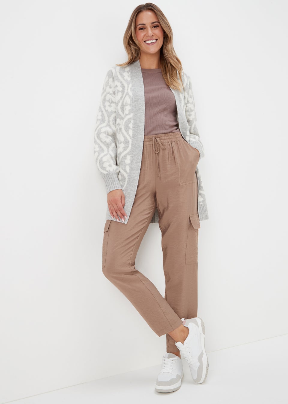 Beige Tapered Cargo Trousers