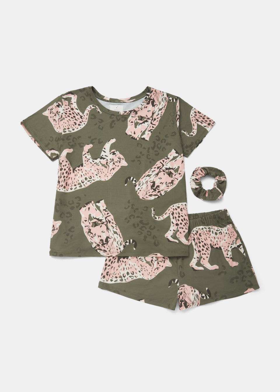 Khaki Leopard Print Short Pyjama & Scrunchie Set