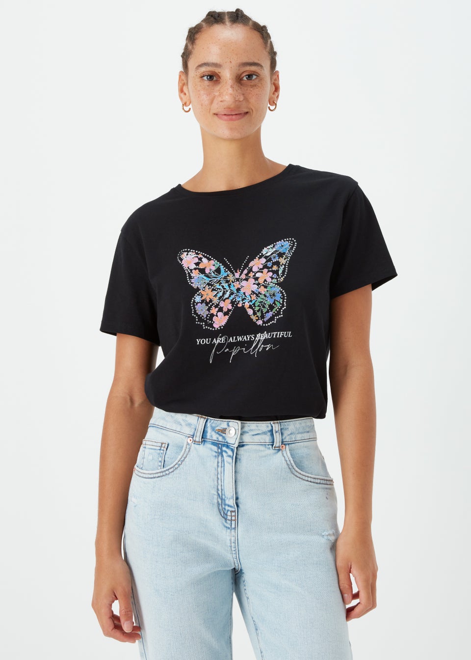 Black Floral Butterfly Print T-Shirt