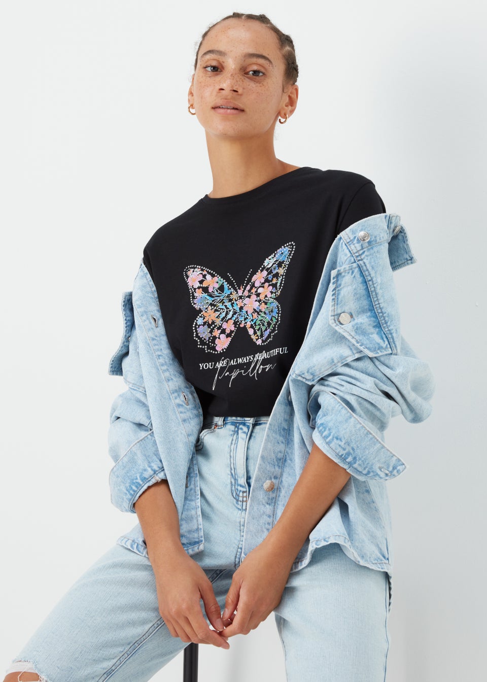 Black Floral Butterfly Print T-Shirt - Matalan